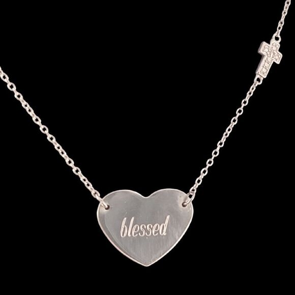 Sterling Heart Engraved Blessed Side Cross Pendant Necklace - Picture 1 of 4